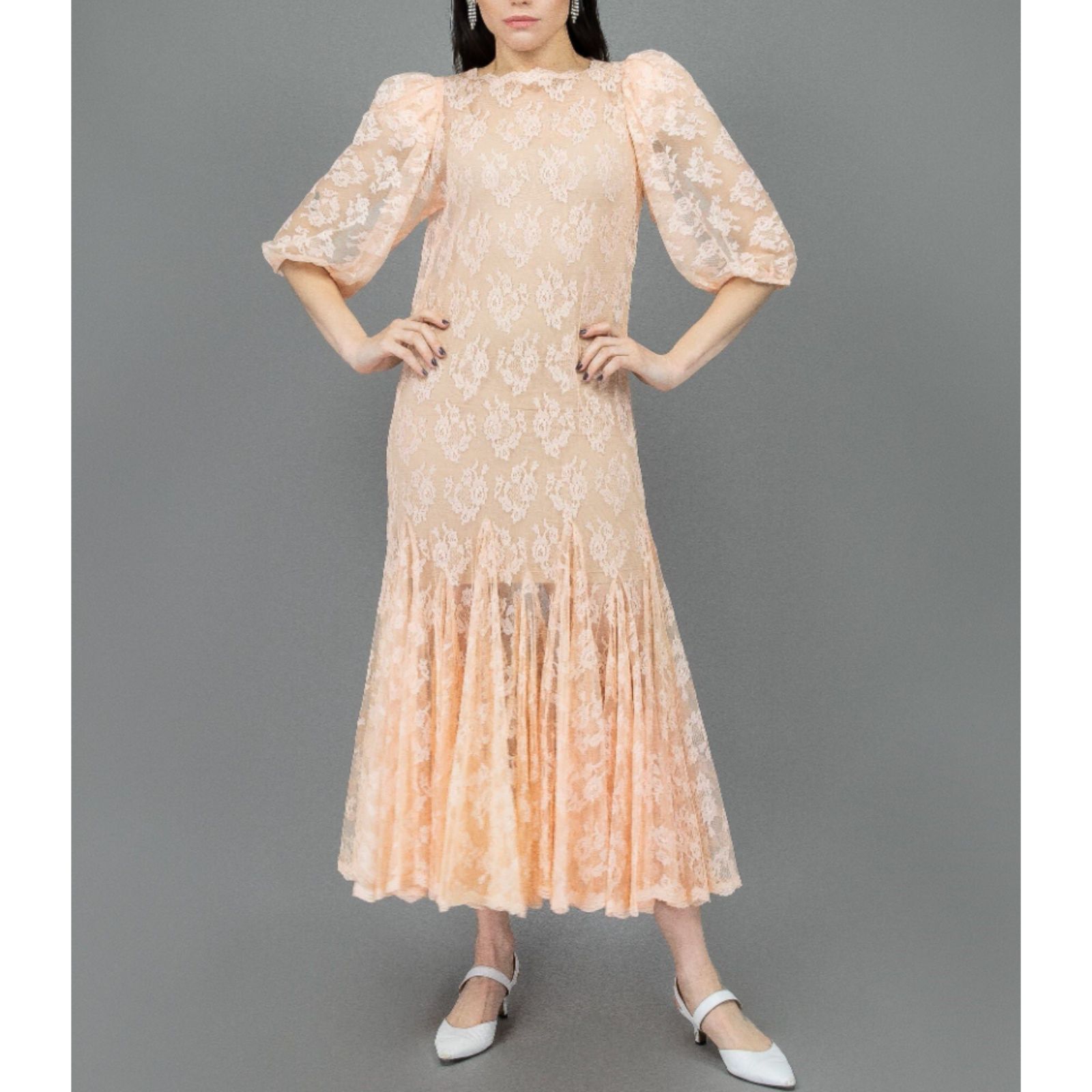 Vintage 80s Peach Lace Midi Dress Puff Sleeve Mermaid Hem Bridal Formal Small